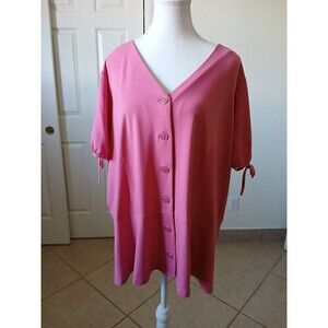 Susan Graver‎ Womens Blouse Pink Plus Size 2X V-neck Short Sleeve Button Front